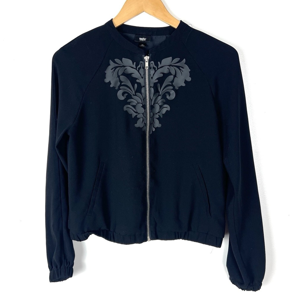 Mossimo Womens Black Graphic Bomber Jacket S Zip Up Floral Damask Whimsygoth